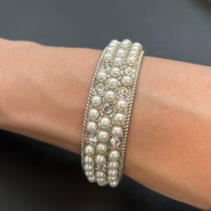Vintage Silver Bangle Bracelet w/ Pearls and CZ Diamonds
